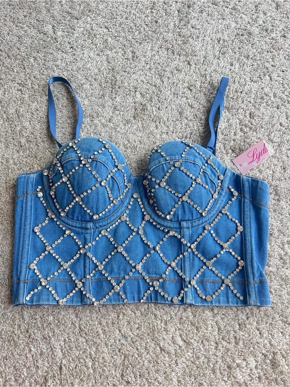 Embellished Blue Denim Bustier Crop Top. Size M